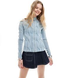 Reclaimed Vintage zip up cable sweater in acid wash blue offers at $49.99 in Asos