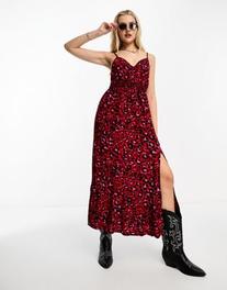 Miss Selfridge ruched bodice strappy maxi dress in red animal offers at $47.99 in Asos