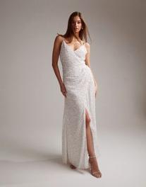 ASOS DESIGN Nia embellished drape side cami maxi wedding dress in ivory offers at $80.7 in Asos