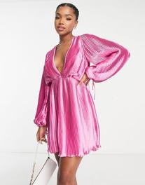 ASOS DESIGN satin pleat detail plunge mini dress with blouson sleeves in pink offers at $25.5 in Asos