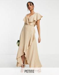 Topshop Petite bridesmaid satin frill wrap dress in gold offers at $49 in Asos