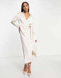 Pretty Lavish satin wrap shirt dress in oyster offers at $65 in Asos
