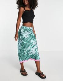 Topshop check satin bias midi skirt with lace trim in green offers at $22 in Asos