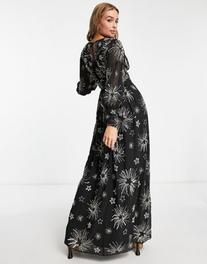 Miss Selfridge Premium embellished long sleeve maxi dress with star detail in black - BLACK offers at $112.5 in Asos