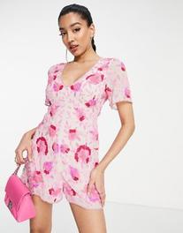 Miss Selfridge Premium sequin angel sleeve backless romper in pink floral offers at $63.5 in Asos