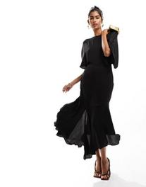 ASOS DESIGN satin flutter sleeve asymmetric hem midi dress in black offers at $34.5 in Asos