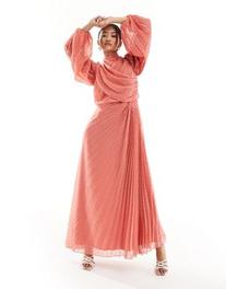 ASOS DESIGN high neck wrap bodice pleated textured wrap maxi dress in terracotta offers at $40.49 in Asos