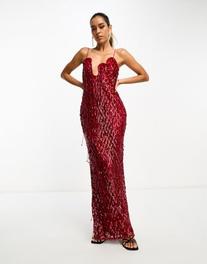 ASOS DESIGN embellished lattice maxi dress with fringing and wave neckline in deep red offers at $87.6 in Asos