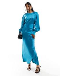 ASOS DESIGN high neck satin balloon sleeve maxi dress in teal offers at $34.99 in Asos