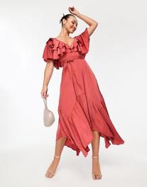 ASOS DESIGN satin v front v back ruffle midi dress in washed satin in rose offers at $27.49 in Asos