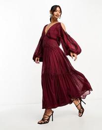 ASOS DESIGN cold shoulder embellished tiered midi dress in deep red offers at $63.6 in Asos