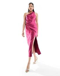 ASOS DESIGN satin twist shoulder midi dress with slit in pink offers at $34.99 in Asos