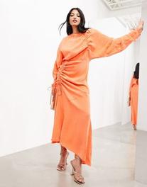 ASOS EDITION long sleeve ruched maxi dress in orange offers at $50.7 in Asos