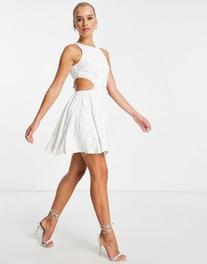 ASOS DESIGN embellished structured mini dress with beaded floral detail in white offers at $58.05 in Asos