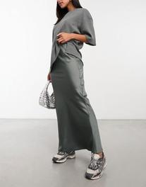 ASOS DESIGN satin bias maxi skirt in gunmetal gray offers at $35 in Asos