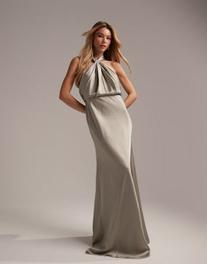 ASOS DESIGN Bridesmaid satin ruched halter neck maxi dress in sage green offers at $56.5 in Asos