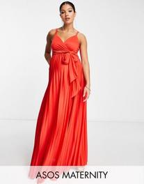 ASOS DESIGN Maternity cami plunge tie belted maxi dress in red offers at $39 in Asos