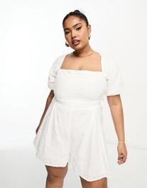 The Frolic Plus square neck puff sleeve romper in white eyelet offers at $29.7 in Asos
