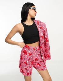 ASOS DESIGN poppy printed mom suit short with linen in pink offers at $15.5 in Asos