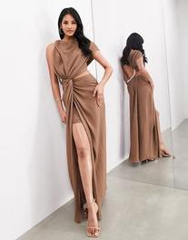 ASOS EDITION premium rope diamante neck detail one sided satin maxi dress in mocha offers at $83.6 in Asos