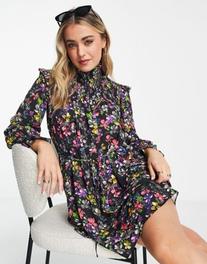 French Connection alanna floral printed smocked dress in black offers at $43.2 in Asos