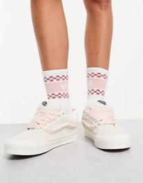 Vans Knu Skool sneakers in white and pink offers at $60 in Asos