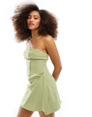 ASOS DESIGN linen look bandeau mini dress with pintuck detail in sage offers at $54.99 in Asos