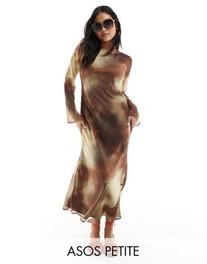 ASOS DESIGN Petite chiffon long sleeve midi dress in chocolate blur print offers at $55 in Asos