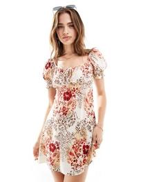 Miss Selfridge western tie front mini tea dress in patchwork floral offers at $39.99 in Asos