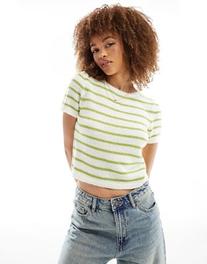 ASOS DESIGN knitted wide rib baby tee in green stripe offers at $34.99 in Asos