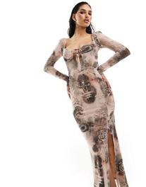 ASOS DESIGN mesh long sleeve tie detail midi dress in grunge rose print offers at $49.99 in Asos