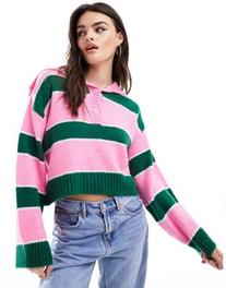 ASOS DESIGN sweater with button collar in pink and green stripe offers at $42.99 in Asos