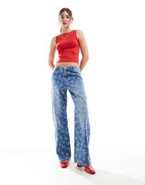 Bershka cherry bow embroidered wide leg jeans in indigo wash offers at $59.9 in Asos