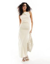 ASOS DESIGN boat neck maxi dress with ruched sides in stone offers at $29.99 in Asos