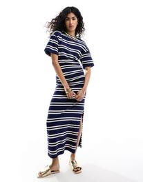 ASOS DESIGN crew neck midaxi t-shirt dress with ruched side in navy and white stripe offers at $34.99 in Asos