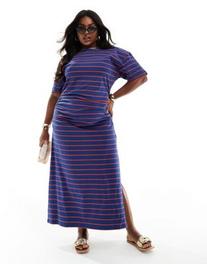 ASOS DESIGN Curve crew neck midaxi t-shirt dress with ruched side in navy and red stripe offers at $34.99 in Asos