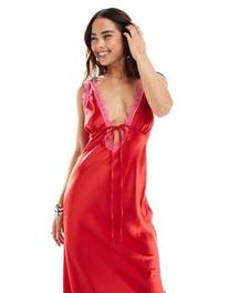 Miss Selfridge satin lace trim maxi dress in red offers at $69.99 in Asos