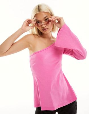 Monki long sleeve one shoulder top in pink 90s wash offers at $38 in Asos