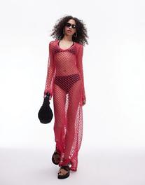 Topshop knit open stitch long sleeve maxi dress in pink offers at $76.99 in Asos