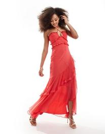 ASOS DESIGN halter ruffle maxi dress with high low hem in red offers at $64.99 in Asos