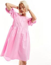 Urban Revivo puff sleeve midaxi smock dress with asymmetric hem in pink offers at $52 in Asos