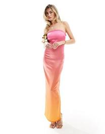 Simmi lace trim satin bandeau maxi dress with back cut out in pink and orange ombre offers at $73 in Asos