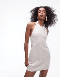 Topshop denim halterneck mini dress in ecru stripe offers at $59.99 in Asos