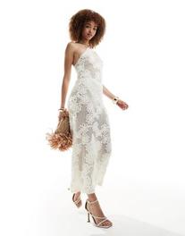 Amy Lynn halterneck floral crochet maxi dress in cream offers at $137 in Asos