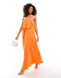 ASOS DESIGN bandeau double layer bias maxi dress in bright orange offers at $79.99 in Asos
