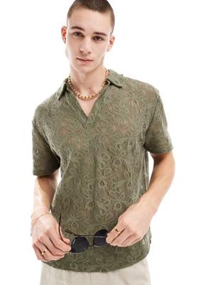 ASOS DESIGN relaxed polo shirt in sage patterned crochet offers at $34.99 in Asos