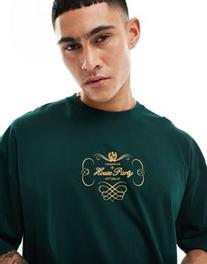 ASOS DESIGN oversized t-shirt in dark green with chest text print offers at $19.99 in Asos