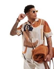 ASOS DESIGN relaxed camp collar shirt in abstract print in brown offers at $39.99 in Asos