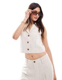 Miss Selfridge linen blend button through vest in natural slub offers at $45.59 in Asos