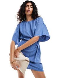 ASOS DESIGN angel sleeve drape waist tab detail mini dress in blue offers at $49.99 in Asos